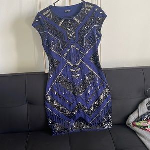 Express Blue & Black Sequin Pattern Dress